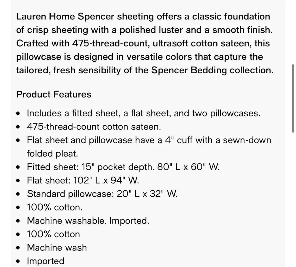 Lauren Ralph Lauren Spencer Solid Cotton Sateen 4pc. King Sheet Set, Navy NEW